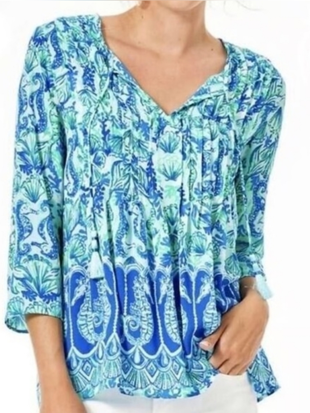 Lilly Pulitzer Marilina Tunic Sea Glass Aqua XXS Tassel Pintuck mermaid lux
